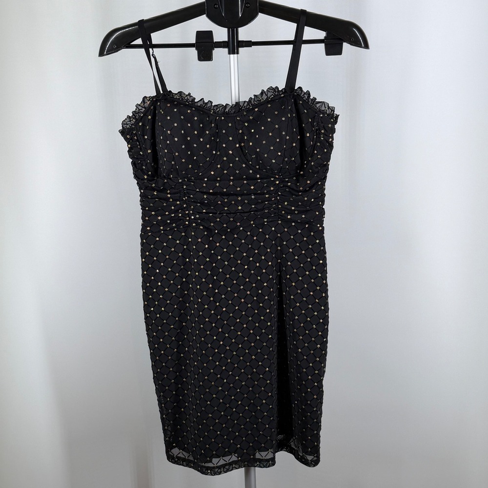 AUW Black Gold Metallic Polka Dot Mesh Mini Dress Ruffle XL